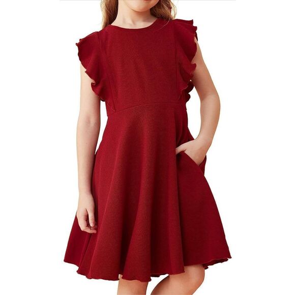 NEW Girls Flutter Sleeve Dress Pockets A-Line Swing Dress 10 Yrs - Picture 4 of 6